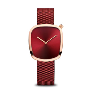 BERING Red Pebble Polished Rose Gold Ladies Watch 18034-363