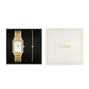 CLUSE Fluette White Gold Stones Watch & Zirconia Bracelet Gift Set