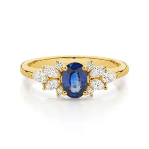 18K Yellow Gold Oval Ceylon Sapphire with Marquise Diamond Ring