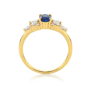 18K Yellow Gold Oval Ceylon Sapphire with Marquise Diamond Ring
