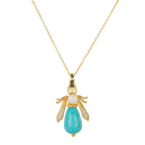 Turquoise & Pearl Gemstone Bee Pendant Necklace Gold
