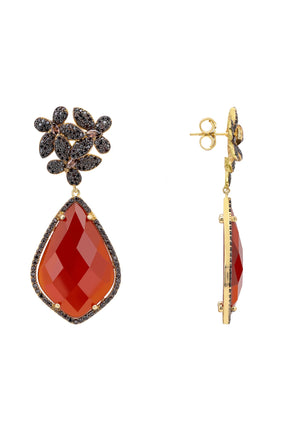 Flowers Teardrop Carnelian Chocolate CZ Earrings Gold
