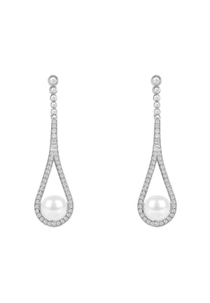 Cradled Pearl Drop Earrings Silver
