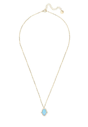 Hamsa Opalite Turquoise Blue Necklace Gold