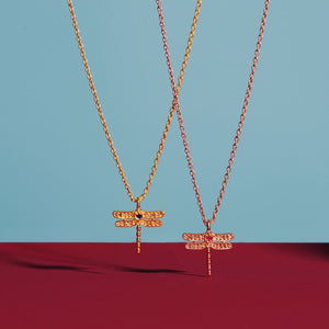Diamond & Ruby Dragonfly Necklace Rosegold