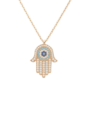 Hamsa Hand With Evil Eye Pendant Necklace Rosegold