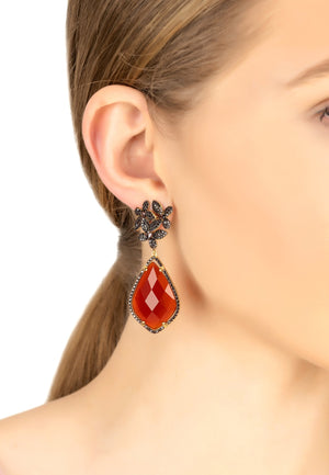 Flowers Teardrop Carnelian Chocolate CZ Earrings Gold