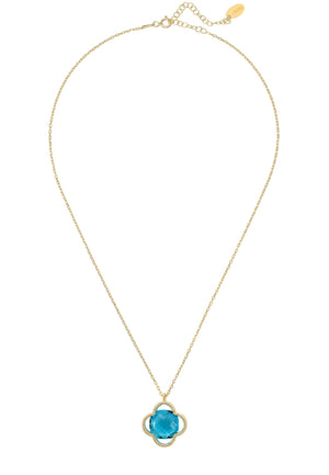 Open Clover Flower Gemstone Necklace Gold Blue Topaz
