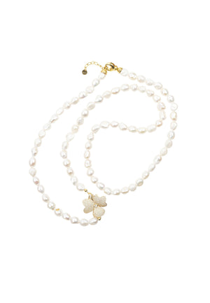 Flower Pearl Gemstone Long Necklace White CZ Gold