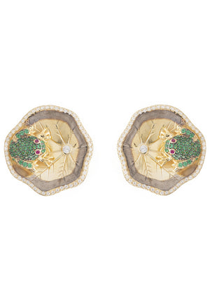 Frog Lily Pad Stud Earrings Gold