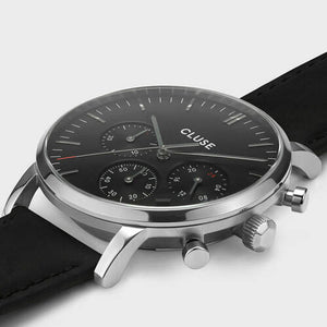 CLUSE Mens Aravis Chronograph Silver Black/Black Leather Watch CW0101502001
