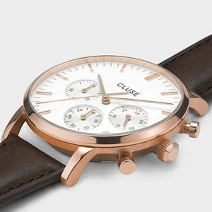 CLUSE Mens Aravis Chronograph Rose Gold White/Brown Leather Watch CW0101502002
