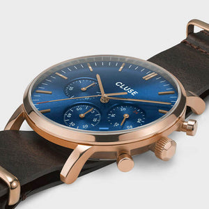 CLUSE Mens Aravis Chronograph Rose Gold Dark Blue/Brown Nato Watch CW0101502008