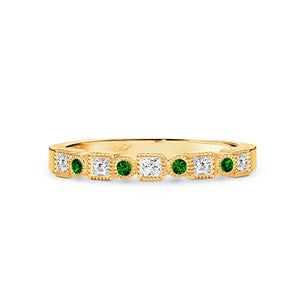 9K Square Profile Millgrain Finish Alternating Gemstone & Diamond Ring