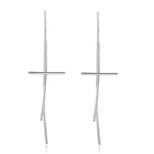 Dangle Drop Cross 925 Sterling Silver Earrings Long Elegant MXFE8137