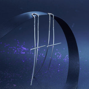 Dangle Drop Cross 925 Sterling Silver Earrings Long Elegant MXFE8137