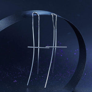 Dangle Drop Cross 925 Sterling Silver Earrings Long Elegant MXFE8137