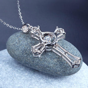 Dancing Stone Heart Cross Pendant Necklace 925 Sterling Silver MXFN8049