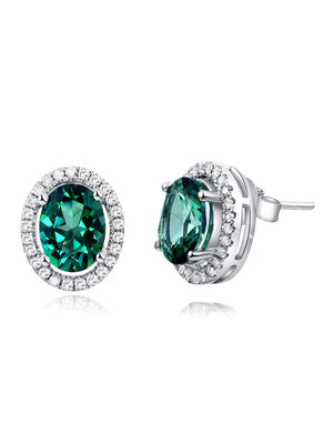 14K White Gold Stud Natural 1.6 Ct Oval Green Topaz Earrings 0.28 Ct Diamonds