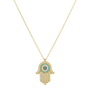 Hamsa Hand With Evil Eye Pendant Necklace Gold