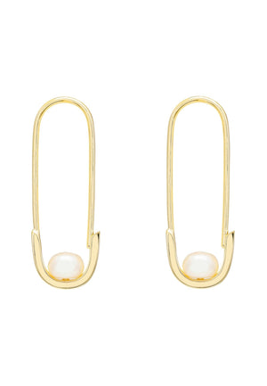 Safety Pin Pearl Earrings Gold