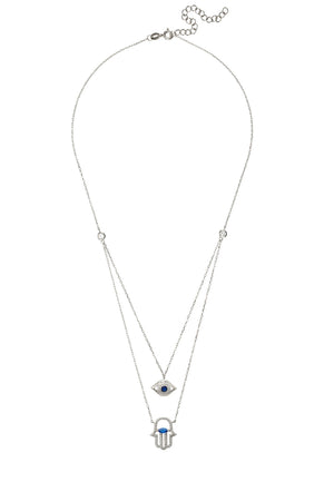 Hamsa Hand and Evil Eye Layered Necklace Silver
