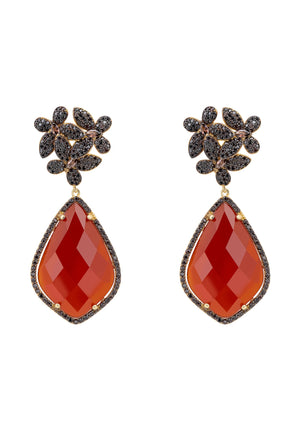 Flowers Teardrop Carnelian Chocolate CZ Earrings Gold
