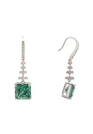 Spiral Square Crystal Drop Earrings Emerald Green Silver