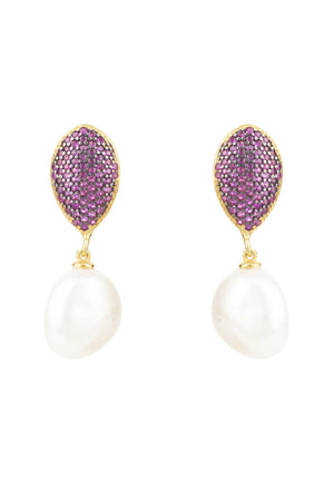 Baroque Pearl Classic Drop Earrings Rosegold Hot Pink CZ