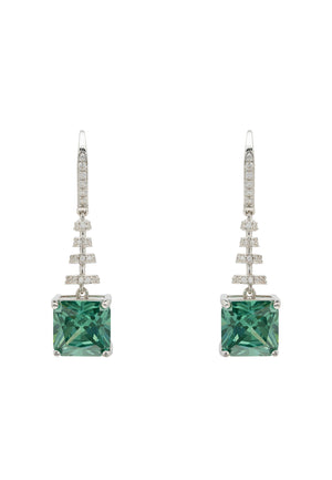 Spiral Square Crystal Drop Earrings Emerald Green Silver