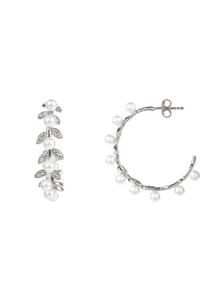 Pearl Laurel Hoop Earrings Silver