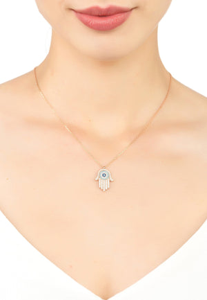 Hamsa Hand With Evil Eye Pendant Necklace Rosegold