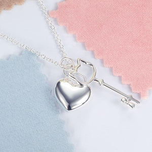 Kids Girl Heart Key Pendant Necklace 925 Sterling Silver Children Jewelry MXFN8062
