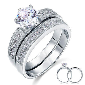 Vintage Style 1.25 Solitaire Created Zirconia Solid Sterling 925 Silver 2-Pc Bridal Wedding Engagement Ring Set MJXFR8096