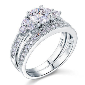 Vintage Style 1 Carat Created Zirconia Solid Sterling 925 Silver 2-Pc Wedding Engagement Ring Set MXFR8102