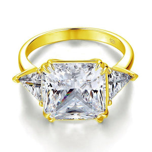 Solid 925 Sterling Silver Three-Stone Luxury Ring Anniversary 8 Carat Created Zirconia Yellow Gold Plated MJXFR8328