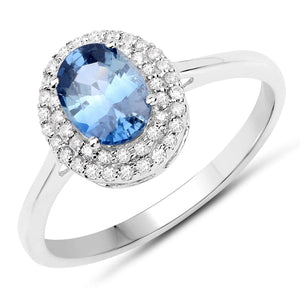 10K White Gold Blue Sapphire Halo Diamond Ring US7