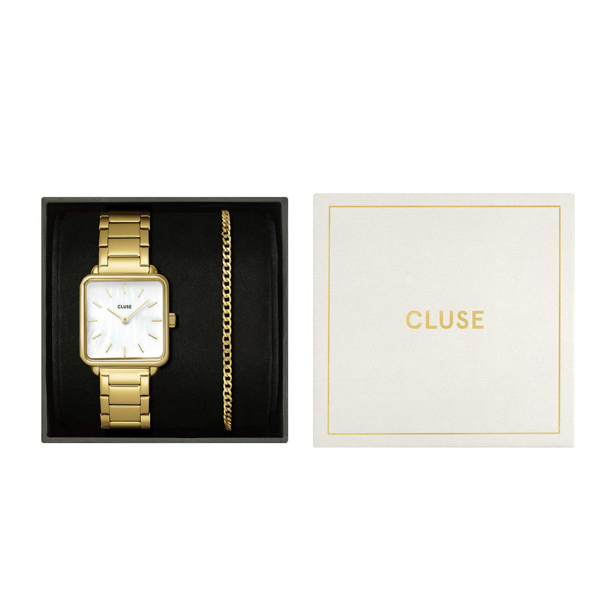 CLUSE La Tetragone White Pearl Watch &amp; Curb Chain Bracelet Gift Set