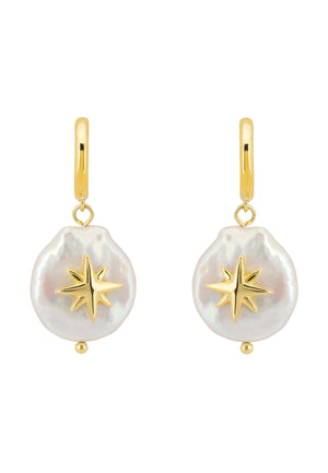 North Star Coin Pearl Drop Earrings Gold