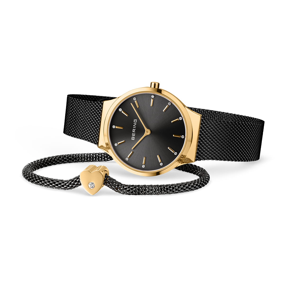 BERING Classic Polished Gold Black Ladies Watch Gift Set