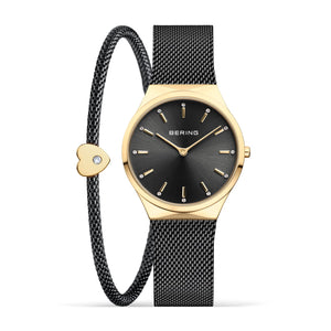 BERING Classic Polished Gold Black Ladies Watch Gift Set
