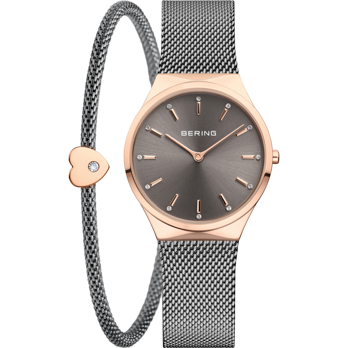 Bering Gift Set 35mm Rose Gold Grey Milanese Strap with Matching Bracelet Watch