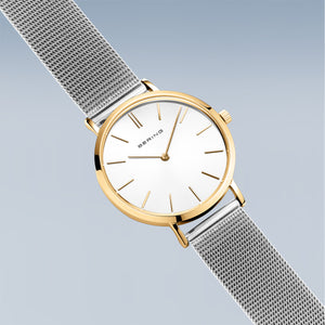 Bering Classic 34mm Polished Gold Case and Silver Strap Watch