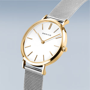 Bering Classic 34mm Polished Gold Case and Silver Strap Watch