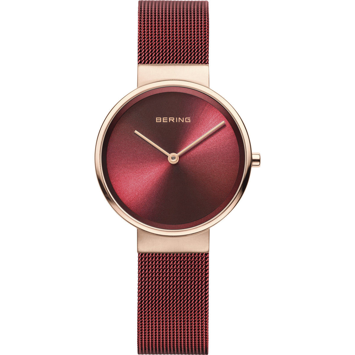 Bering Classic Brushed Rose Gold Red Mesh Watch