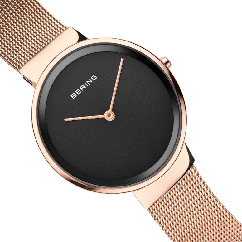 BERING Classic rose gold 39mm black dial and gold mesh 14539-362