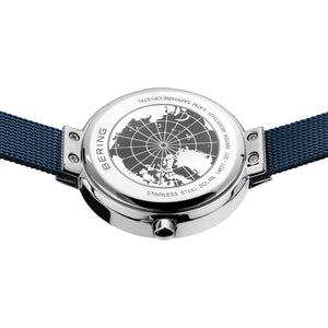 BERING Solar Silver Polished Blue Dial Ladies Mesh Watch 14631-307