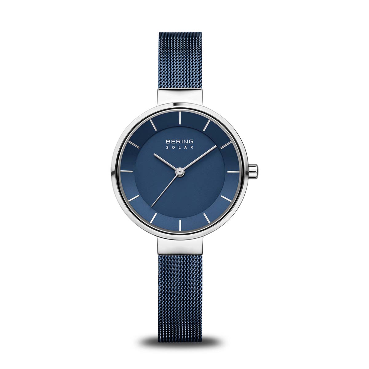 BERING Solar Silver Polished Blue Dial Ladies Mesh Watch 14631-307