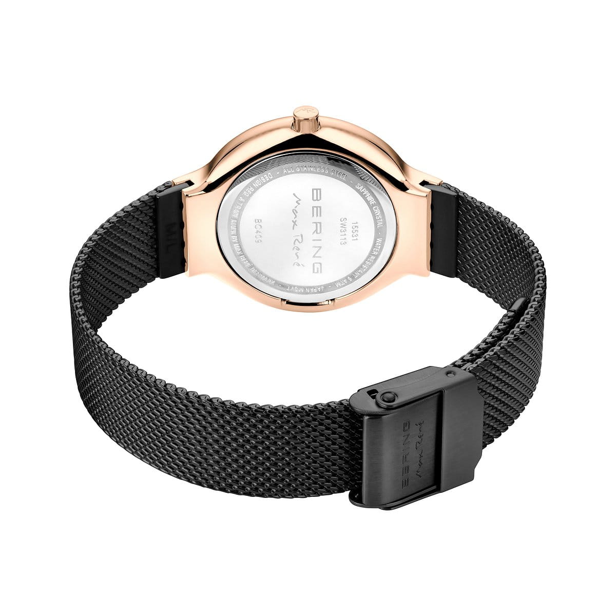 BERING Ladies Max René Collection Rose Gold Case Black Dial Milanese Black Strap 15531-262