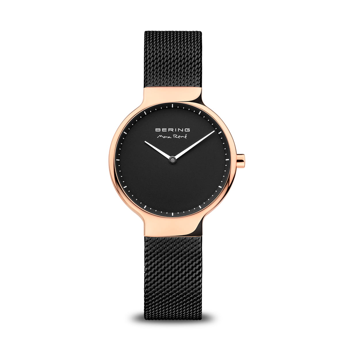 BERING Ladies Max René Collection Rose Gold Case Black Dial Milanese Black Strap 15531-262